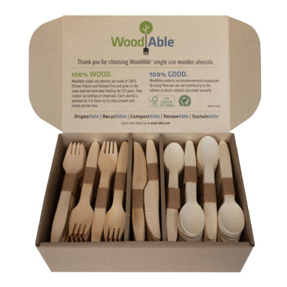 Eco Biodegradable WoodAble Disposable Wooden Cutlery 12x Forks 6X Knifes 6X Spoons 24 Pieces FSC Certified Self Dispensing 4 Pack 96 Pieces Total Per Pack Efficient Storage Box 